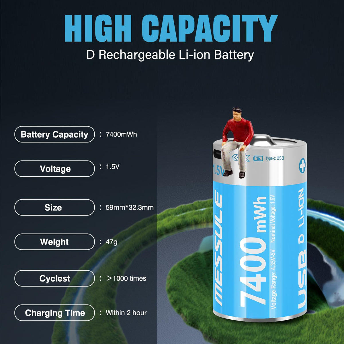 4 Pack 1.5V Rechargeable Lithium D Cell Batteries with USB-C Charge Cable Z3993