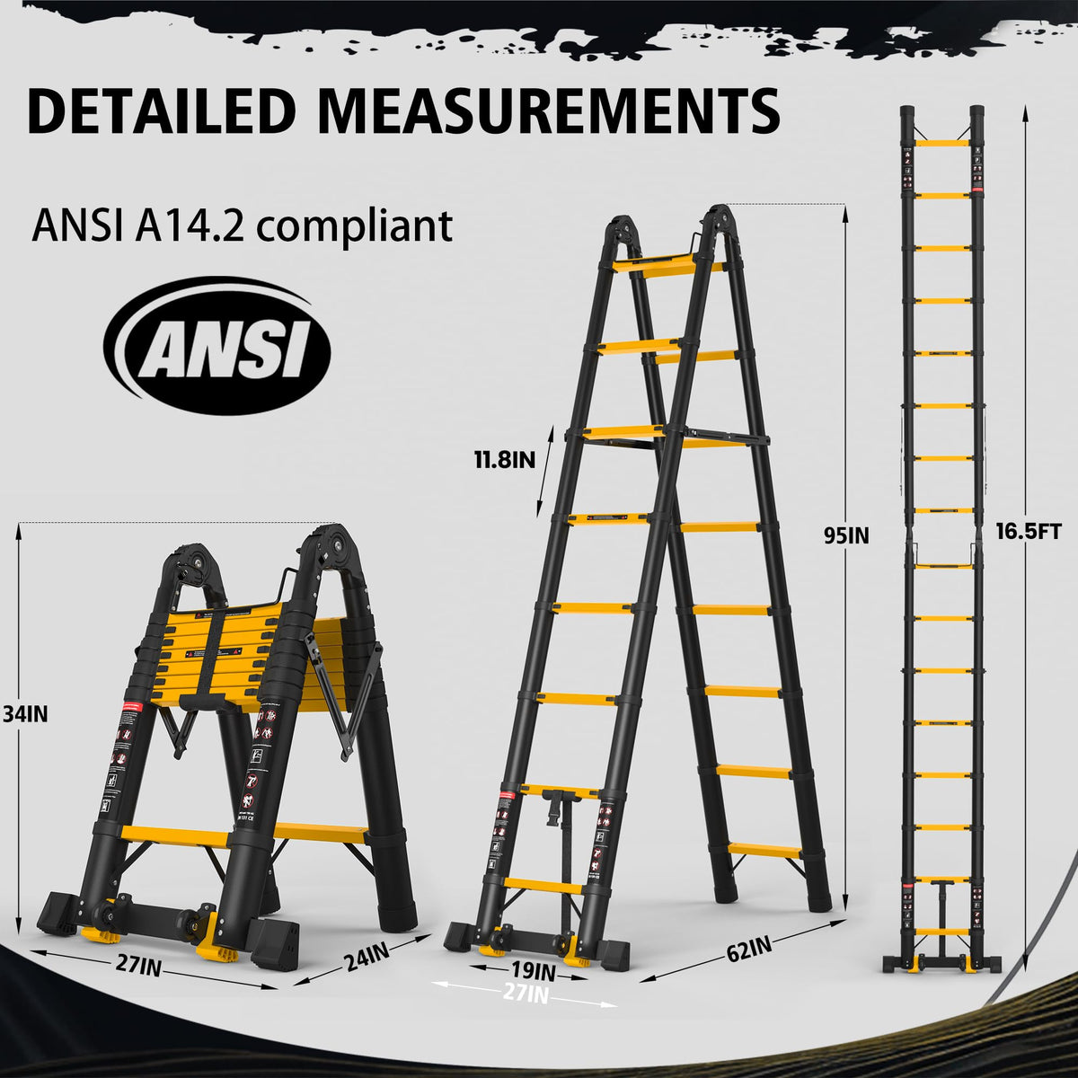 Telescoping Ladder 16.5 FT A Frame 330 lbs Capacity Yellow O4905
