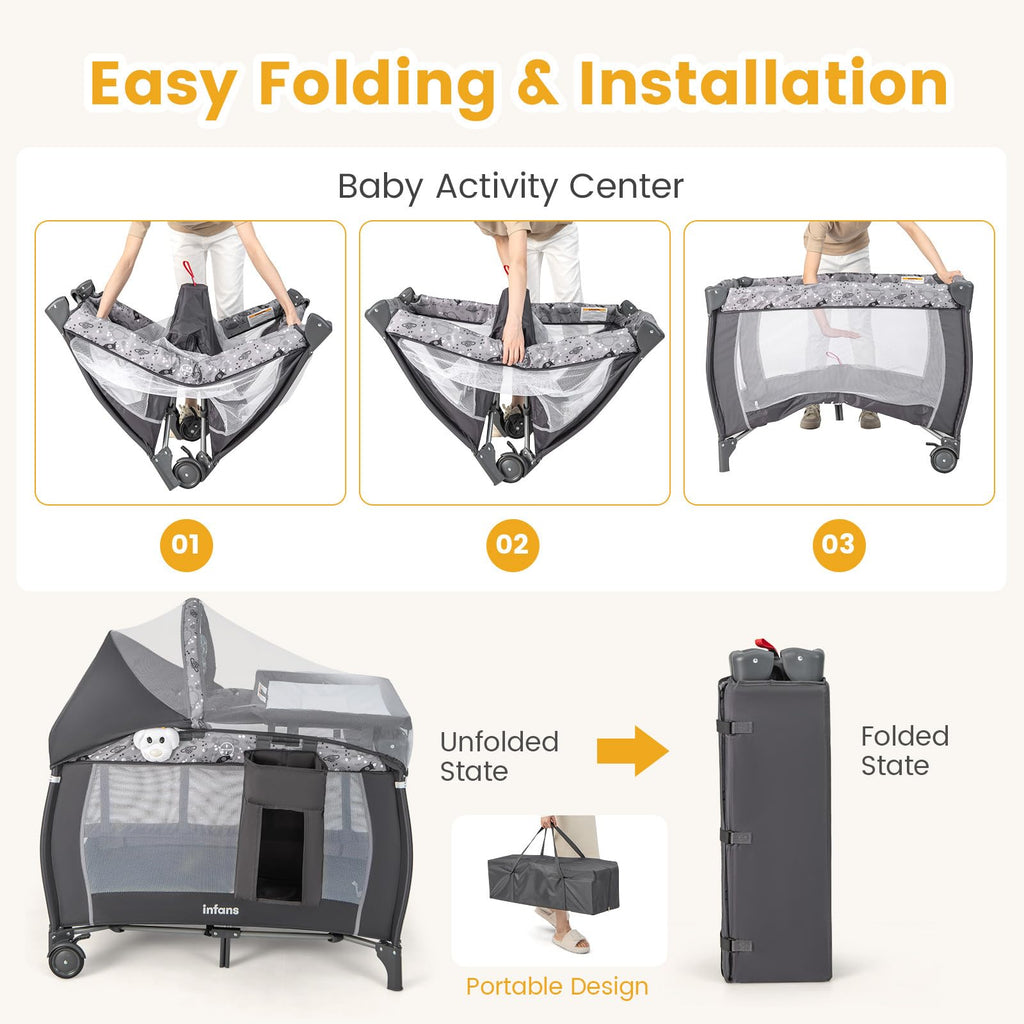 4 in 1 Pack and Play with Bassinet, Changing Table, Storage Basket B80249