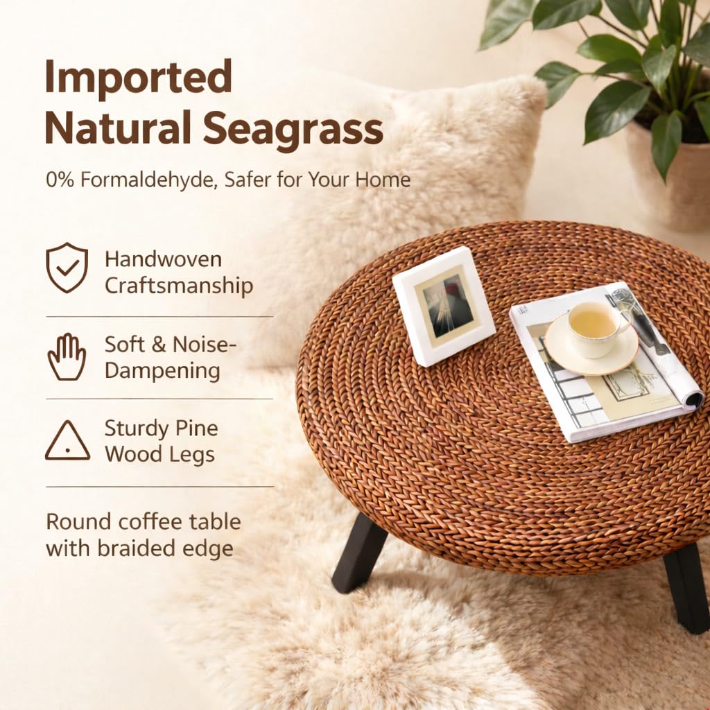 32 Inch Round Handwoven Seagrass Coffee Table with Pine Wood X Base N85435