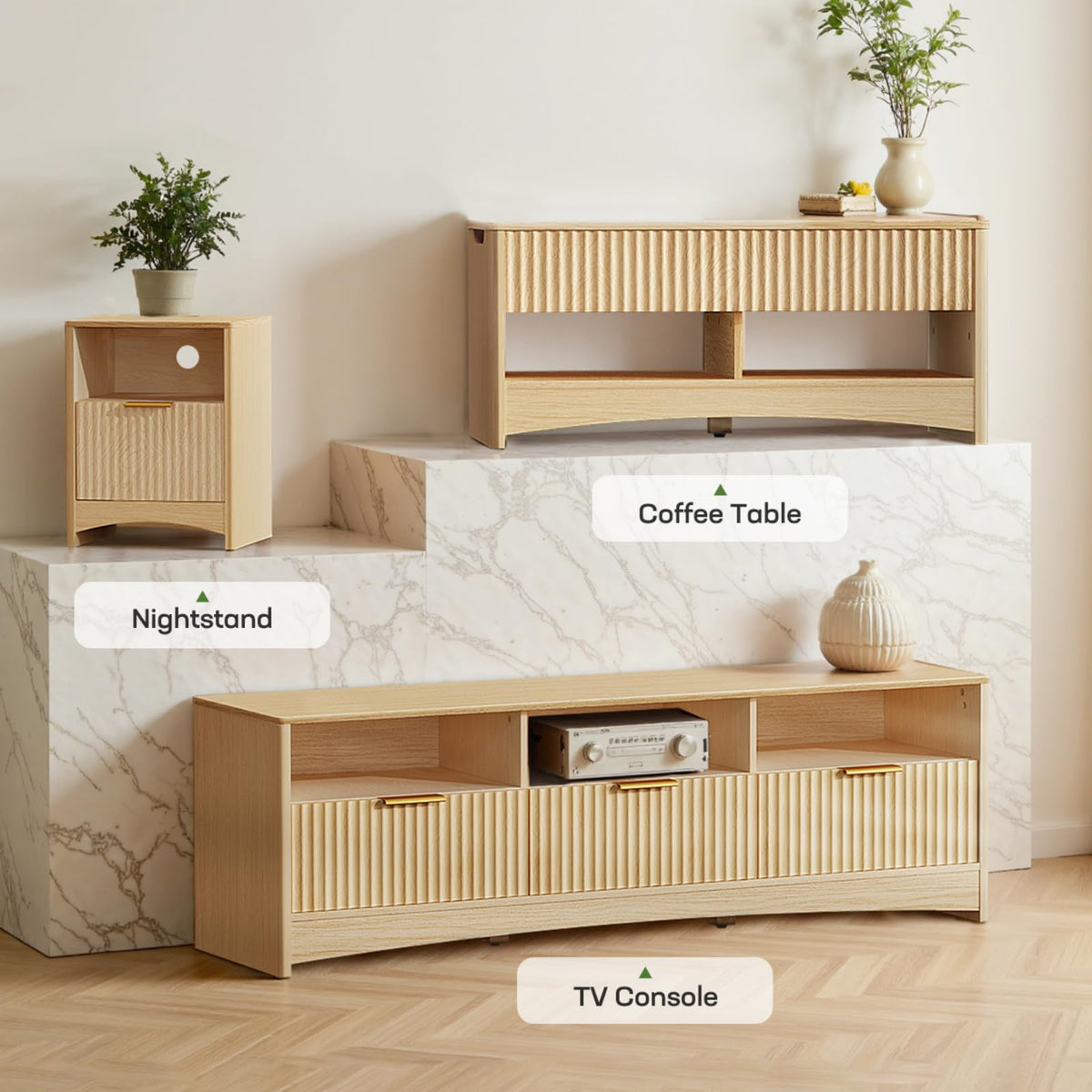 59″ Wide 3 Drawer TV Stand with Open Shelves, Natural Oak M96502