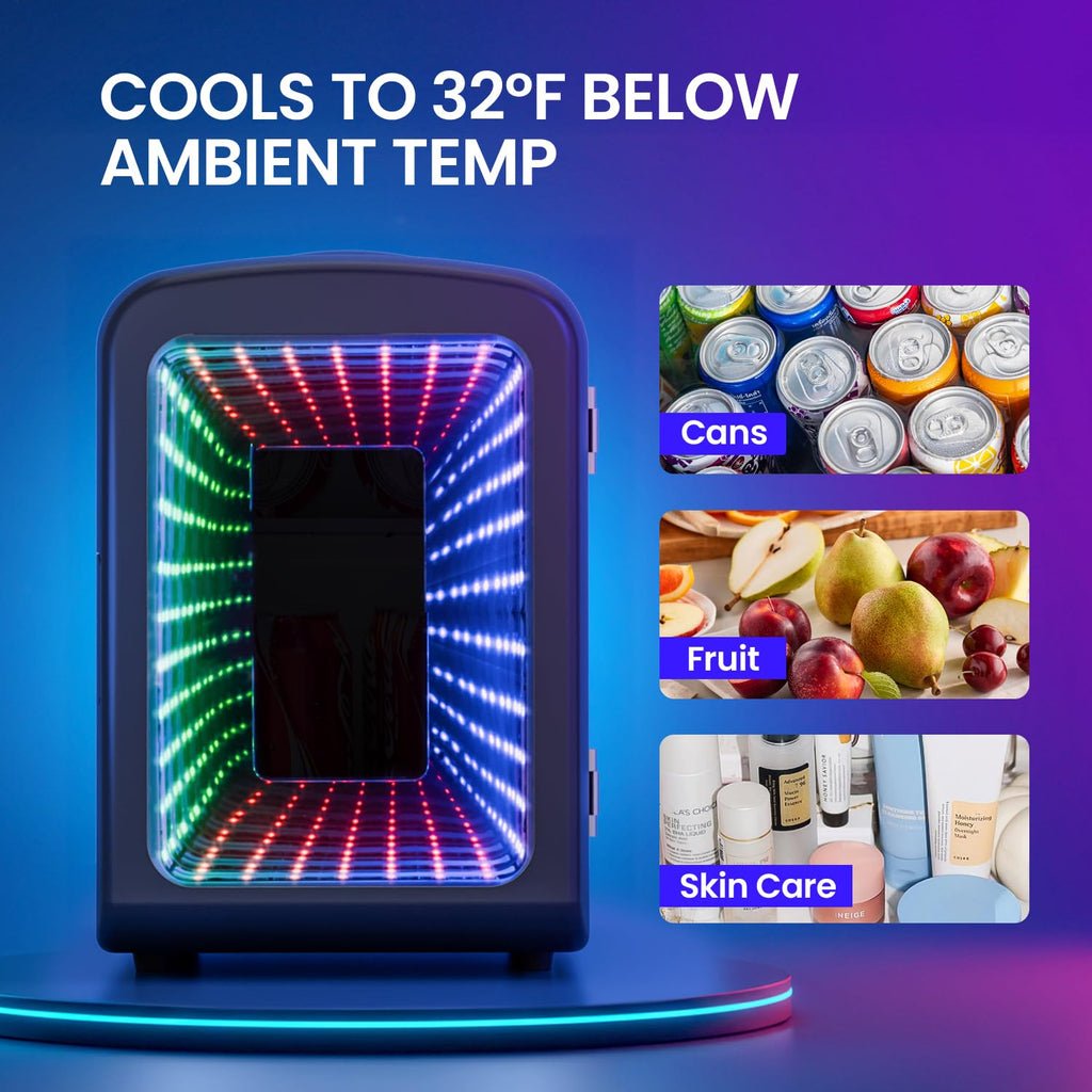 4L Mini Fridge with LED Light, 6-Can Portable Refrigerator, Black W185379