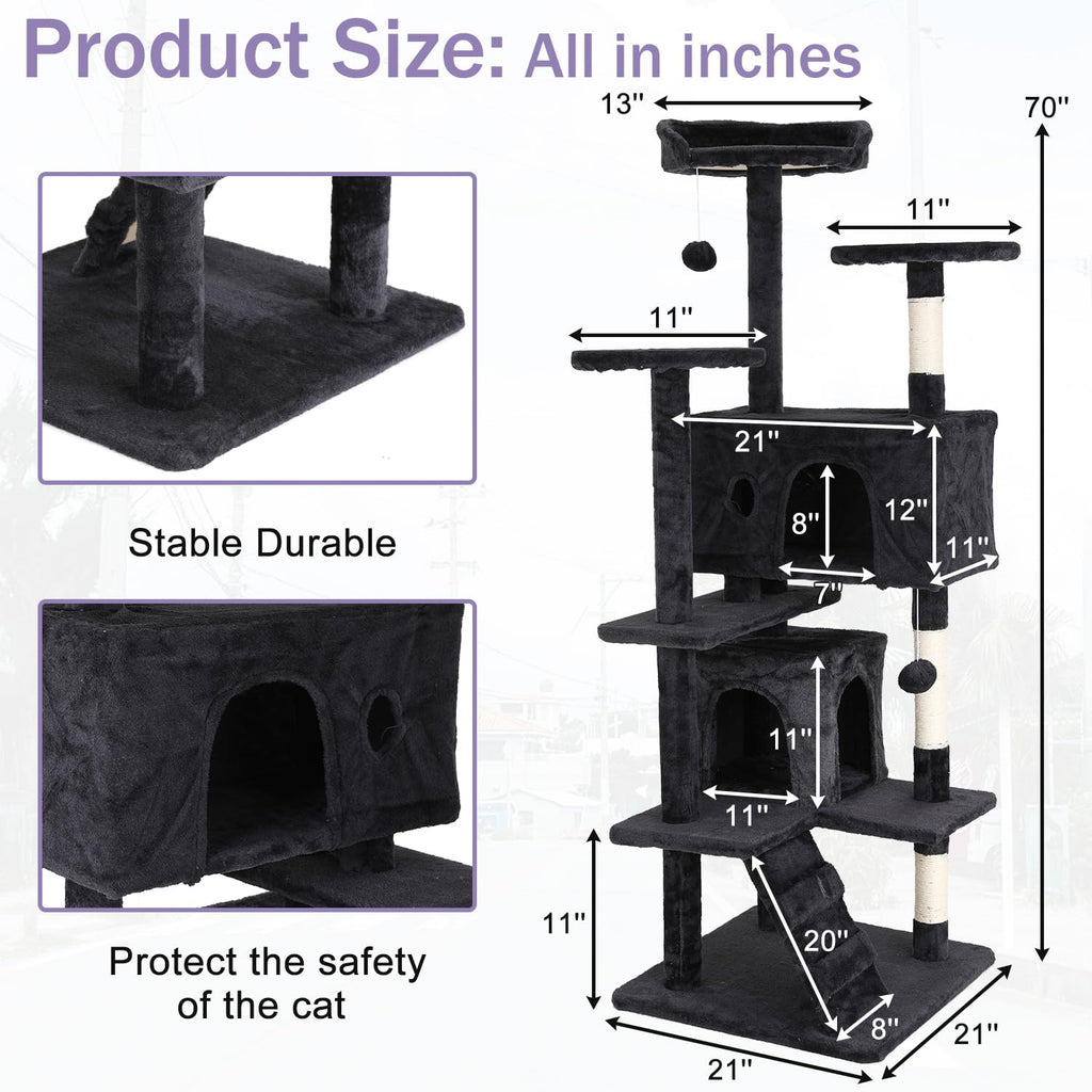70 Inches Dark Gray Multi-Level Cat Tree with Litter Box Enclosure B5929