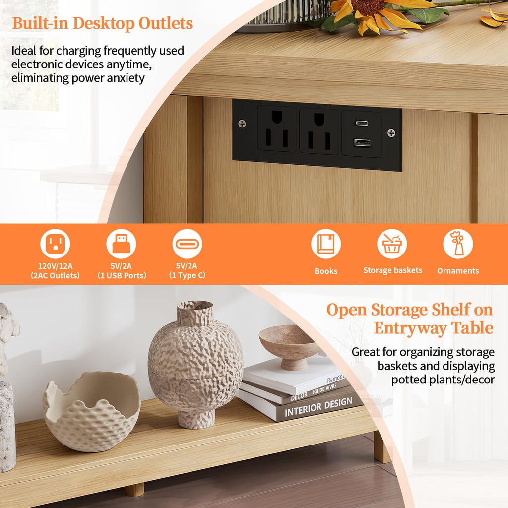 47.2" Narrow Console Table with 3 Drawers & Charging Station, Oak Y755