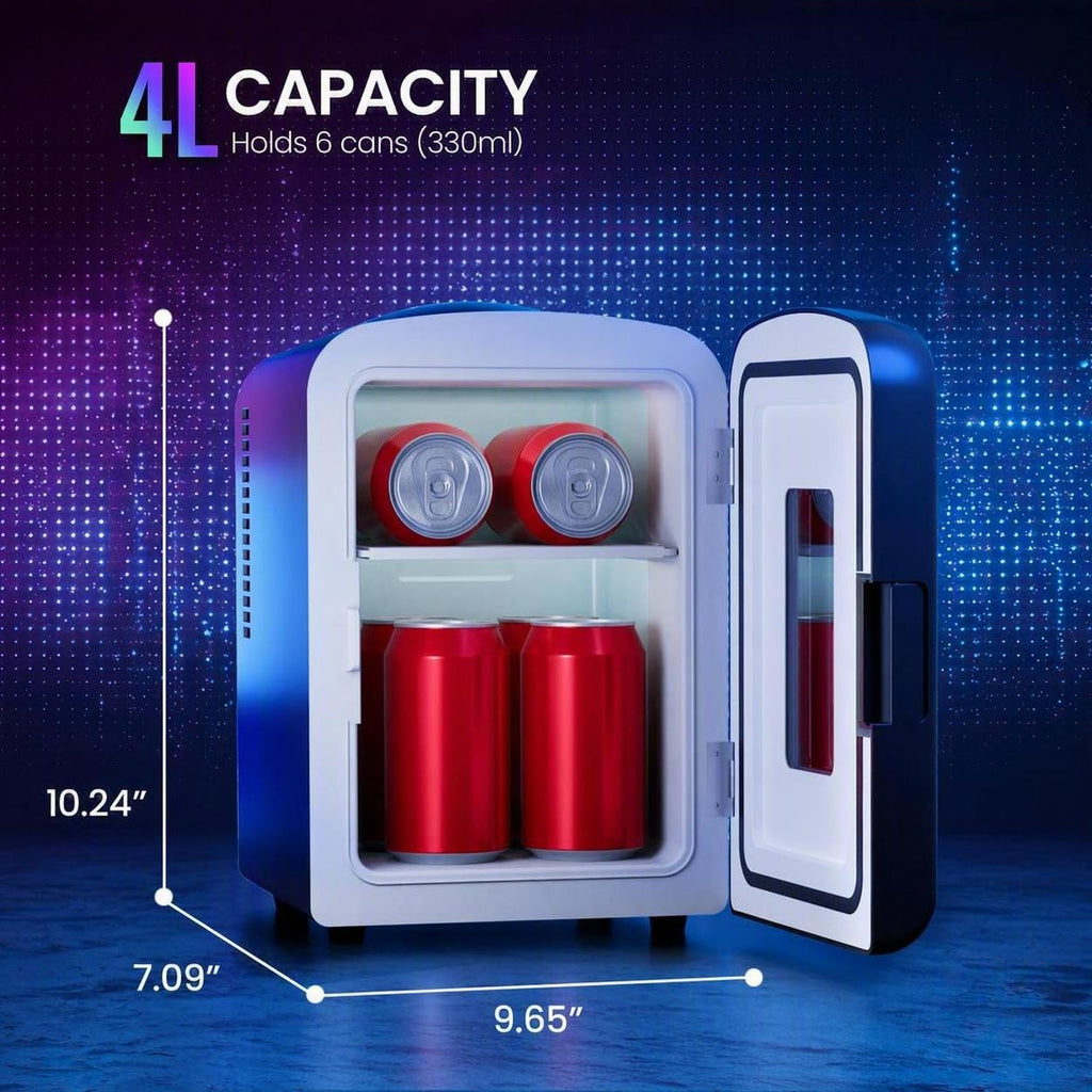 4L Mini Fridge with LED Light, 6-Can Portable Refrigerator, Black W185379