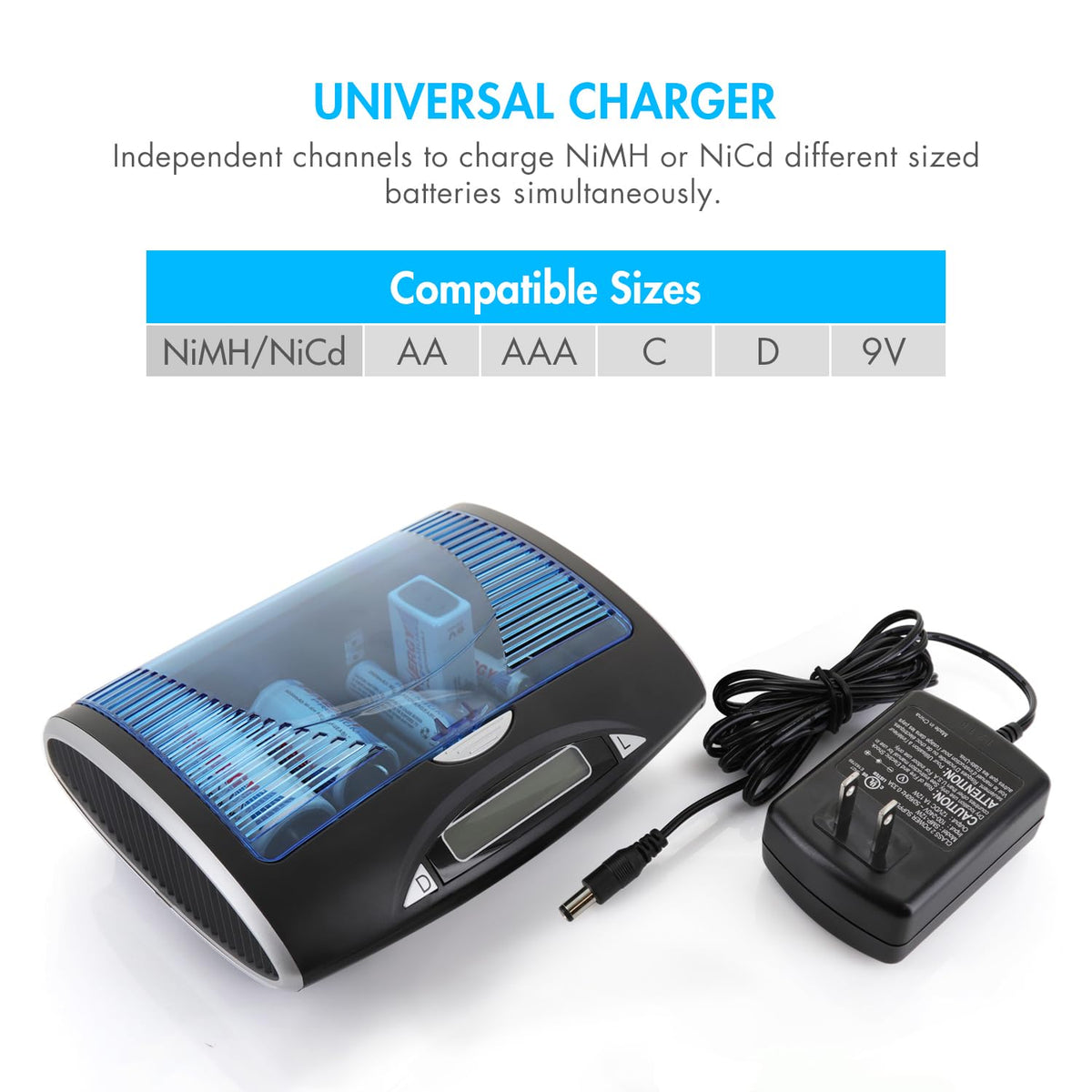 Rechargeable C Batteries and LCD Smart Battery Charger, 4 Pack D389