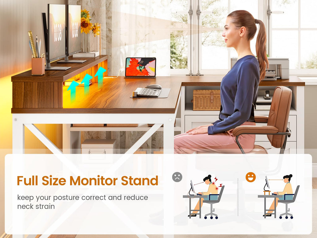 Brown L Shaped Desk with Drawers and Storage Shelves S606879
