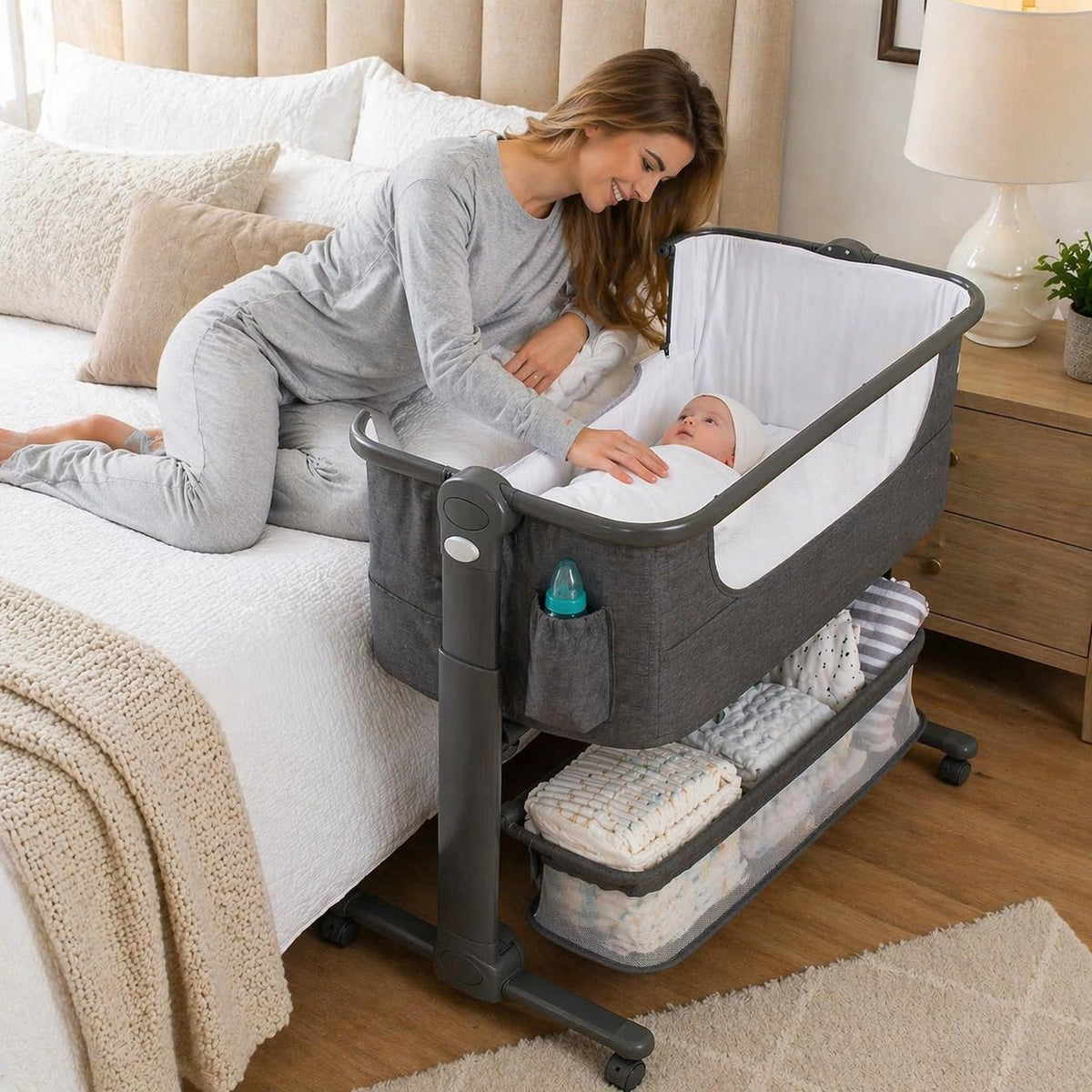 Baby Bassinet Bedside Sleeper Portable Crib with Storage Basket A4285