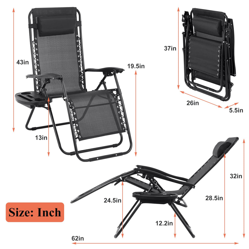 Zero Gravity Chair with Pillow and Cup Holder Trays, Black O55344
