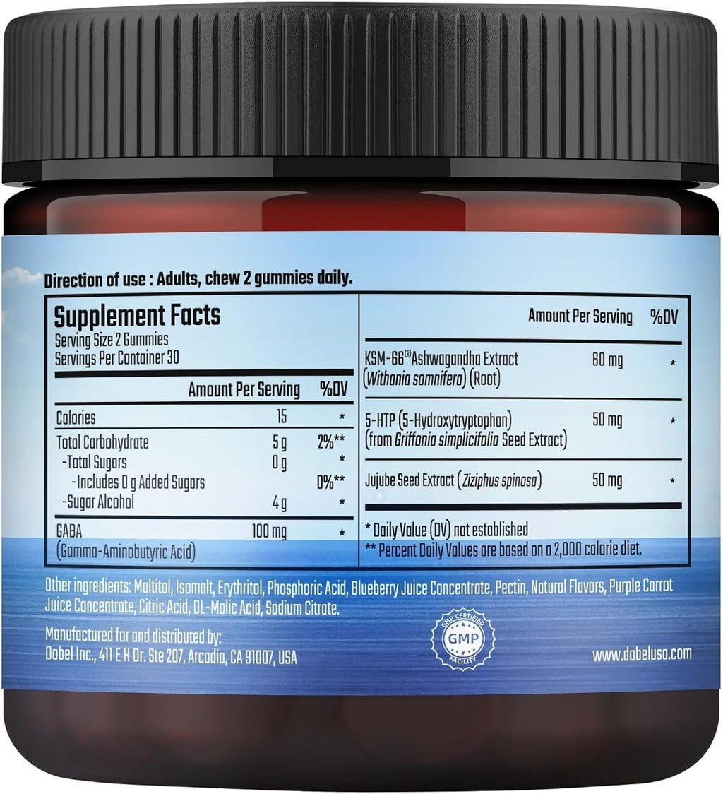 Calming Gummies with GABA, 5-HTP & Ashwagandha, Sugar-Free, Vegan, Natural Blueberry Flavor - 60 Count Y748
