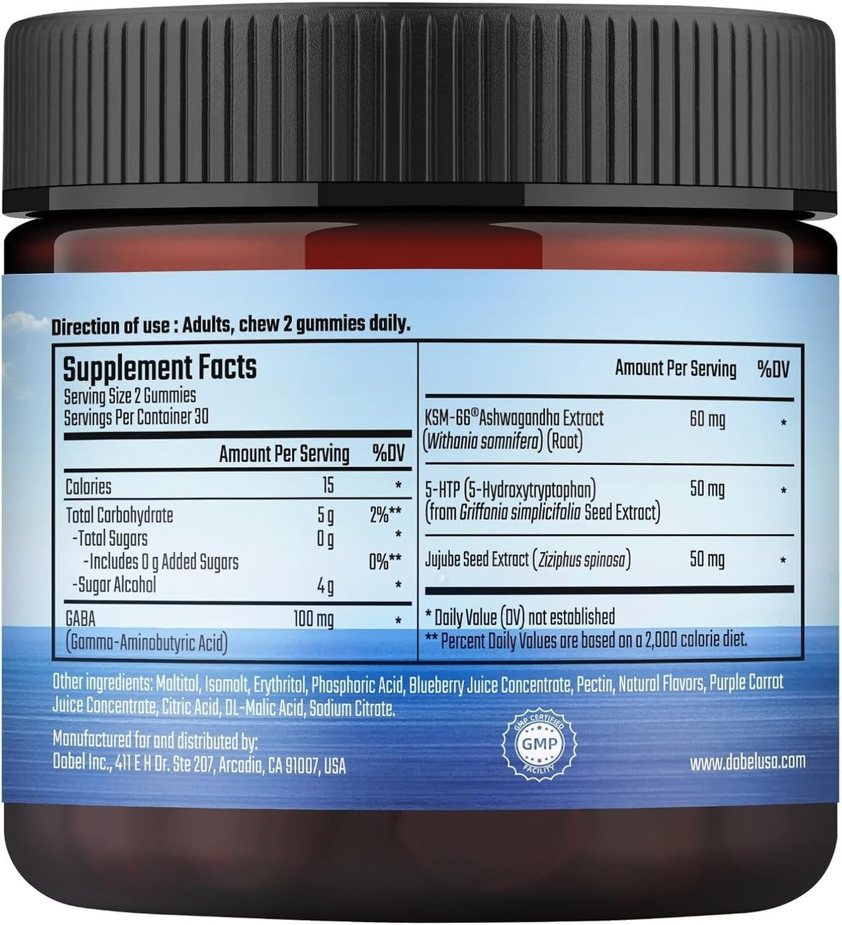 Calming Gummies with GABA, 5-HTP & Ashwagandha, Sugar-Free, Vegan, Natural Blueberry Flavor - 60 Count Y748