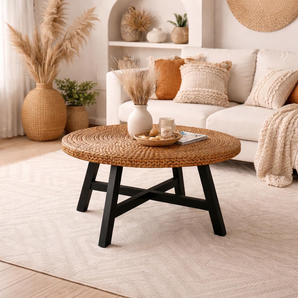 32 Inch Round Handwoven Seagrass Coffee Table with Pine Wood X Base N85435
