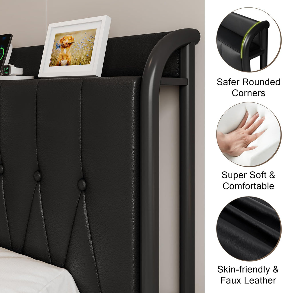 Black Full Size Platform Bed Frame with Faux Leather Upholstered Storage Headboard S8699