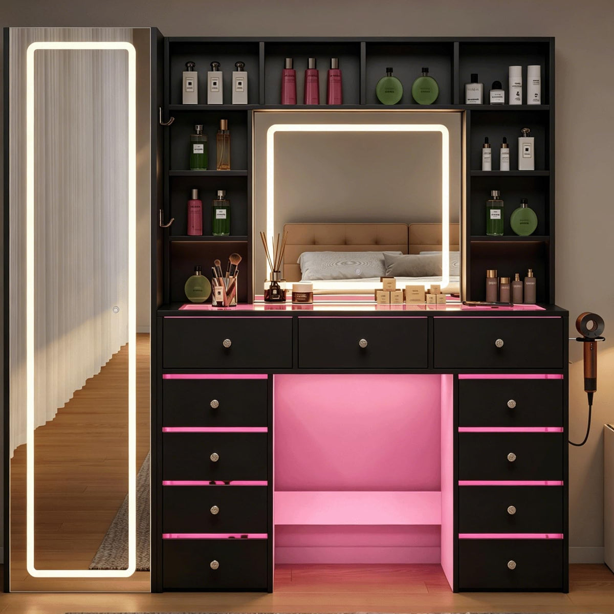 Full Length Mirror Vanity Desk with LED Mirror and 11 Drawers B379