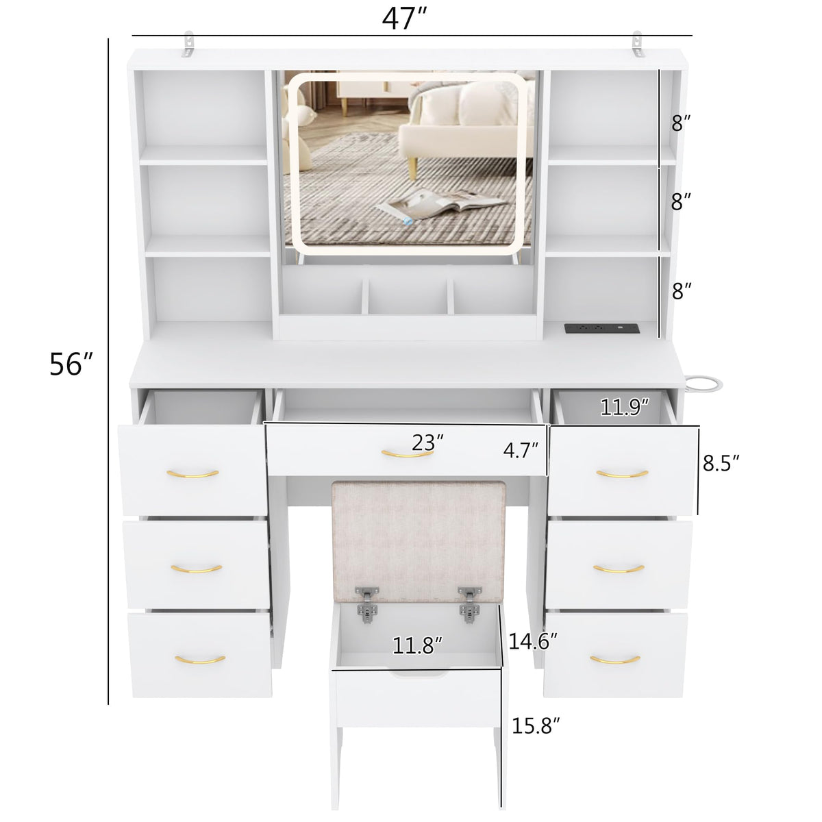White 47" Makeup Vanity Desk with LED Mirror, Stool & 7 Drawers N971275