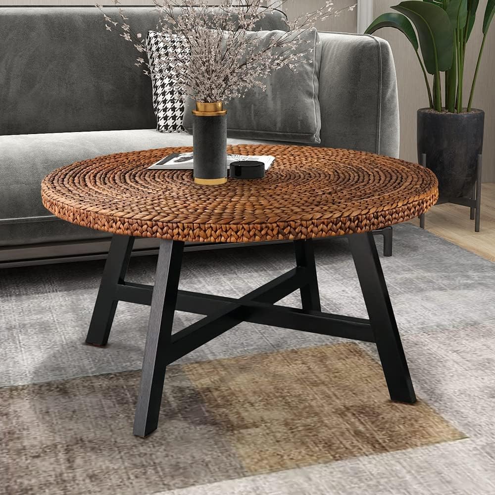 32 Inch Round Handwoven Seagrass Coffee Table with Pine Wood X Base N85435