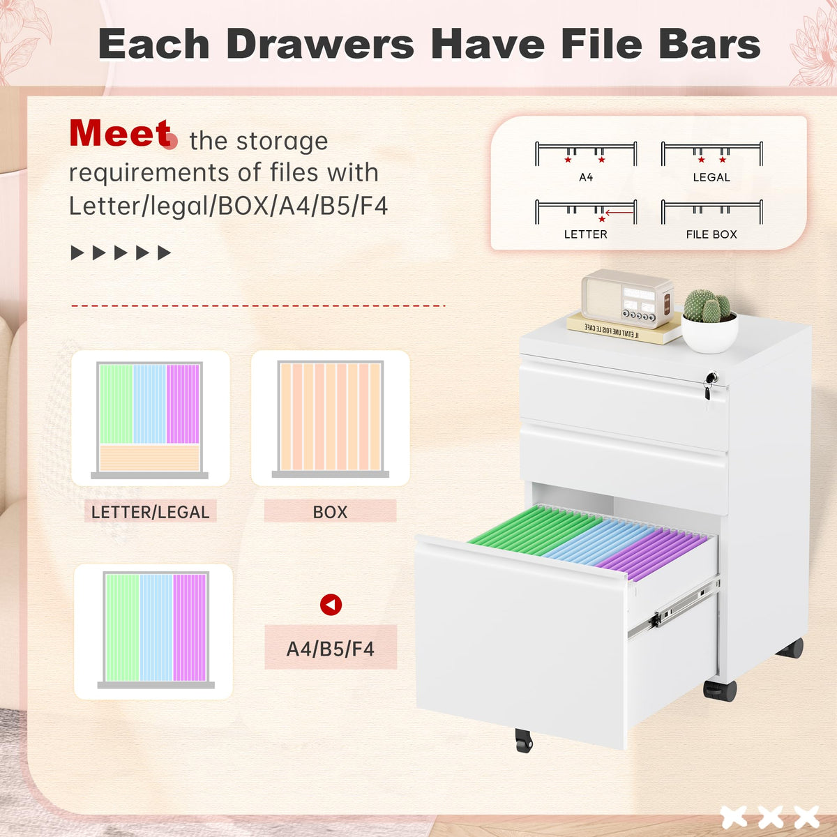 White 3 Drawer Metal Rolling File Cabinet H280