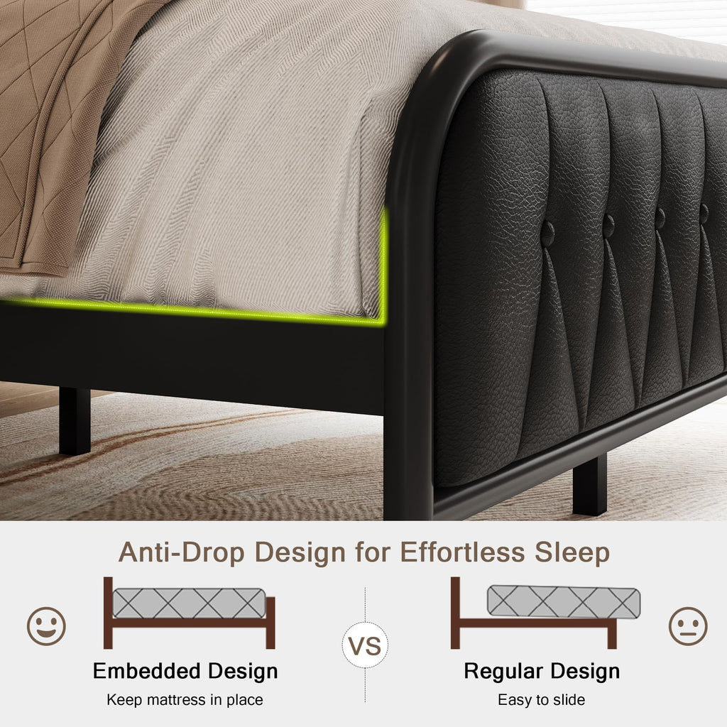 Black Full Size Platform Bed Frame with Faux Leather Upholstered Storage Headboard S8699