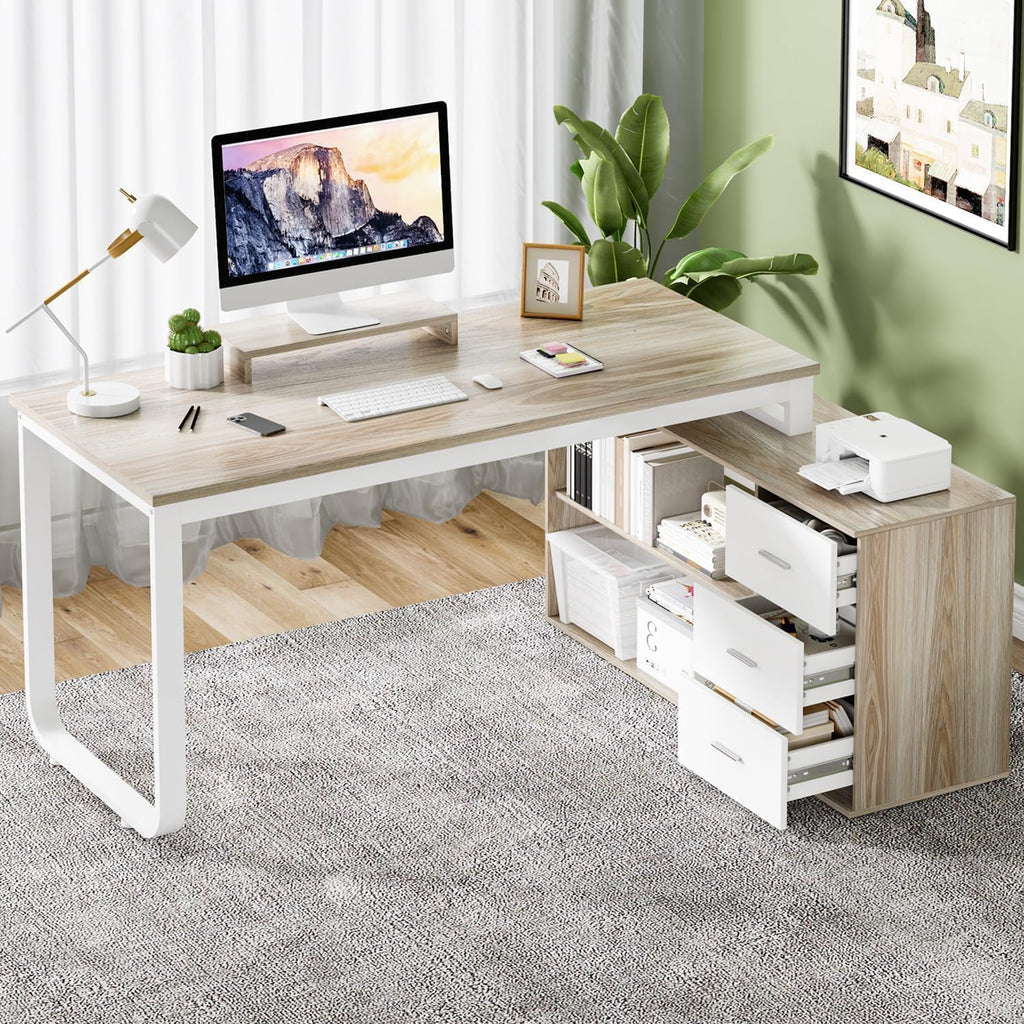 55" L Shaped Office Desk with Drawers, White and Walnut B4177