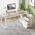 55" L Shaped Office Desk with Drawers, White and Walnut B4177