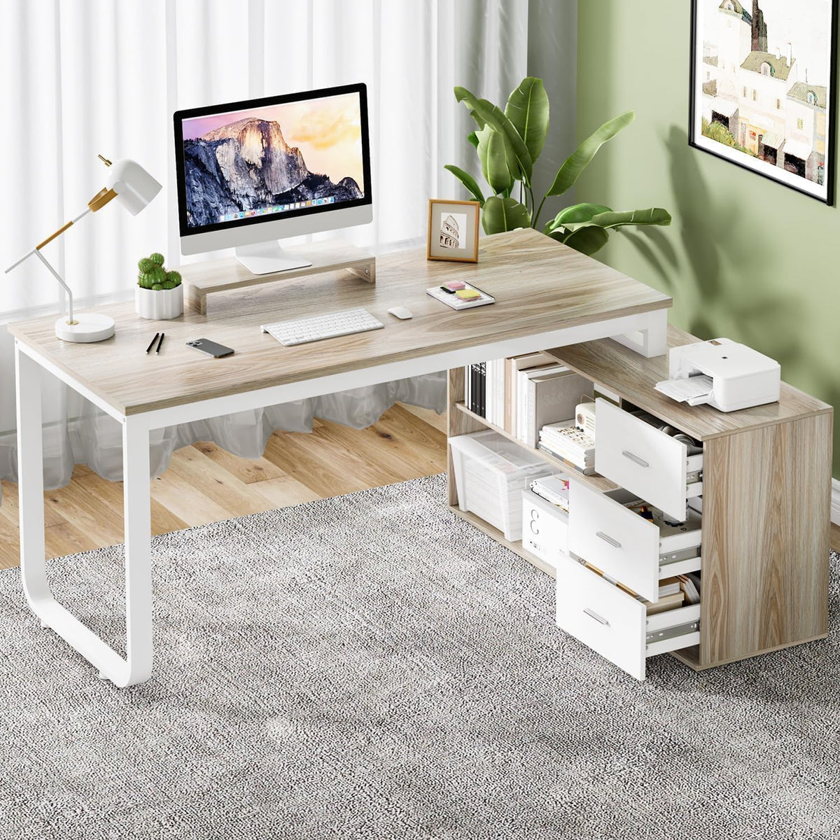 55" L Shaped Office Desk with Drawers, White and Walnut B4177