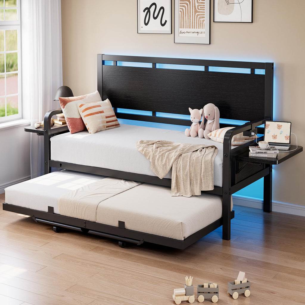 Black Metal Daybed with Trundle and LED Light S662