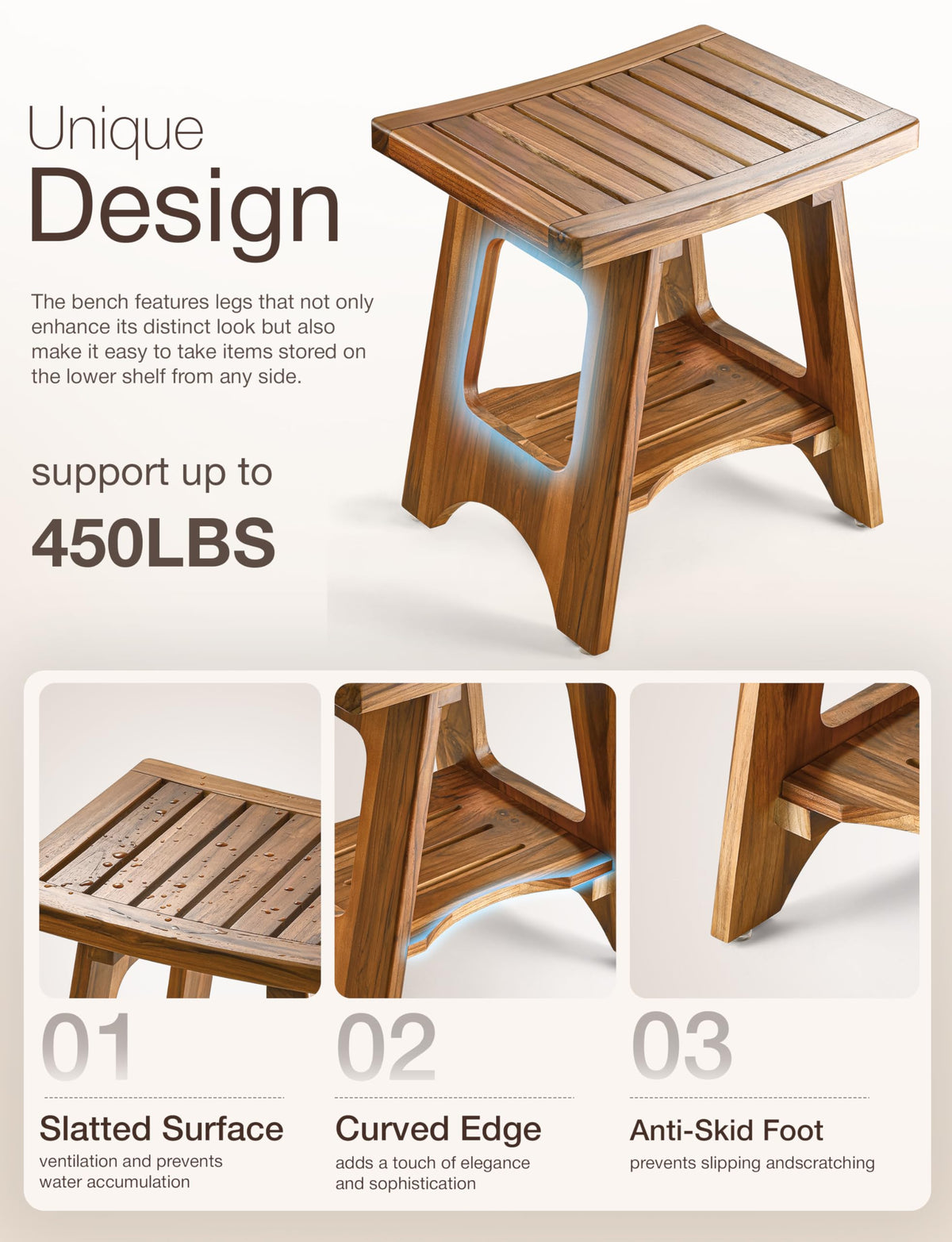 18" Teak Shower Bench with Storage Shelf Y751