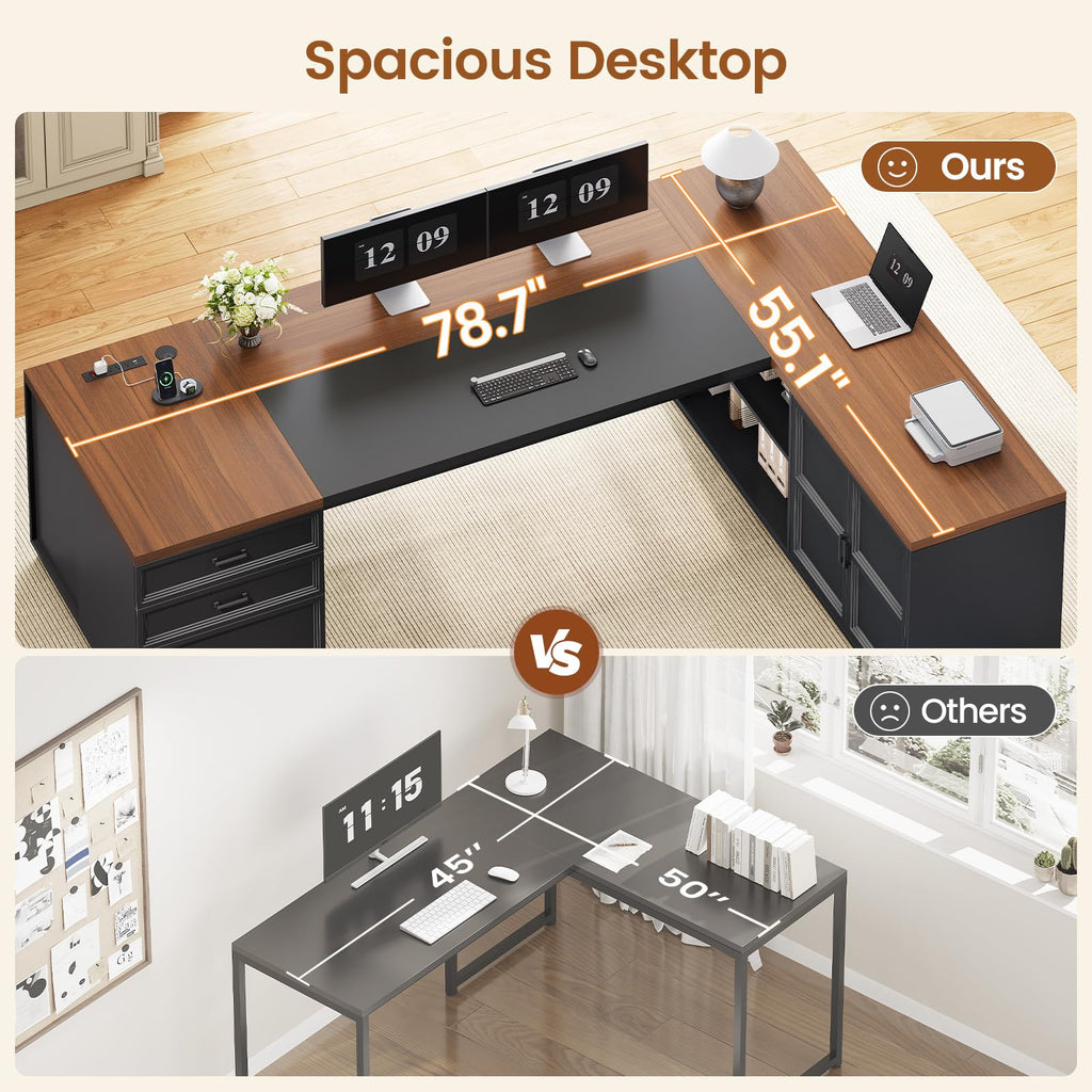 78.7" L Shaped Executive Desk with Charging Station, File Drawers & Storage Cabinet, Black + Brown H644777