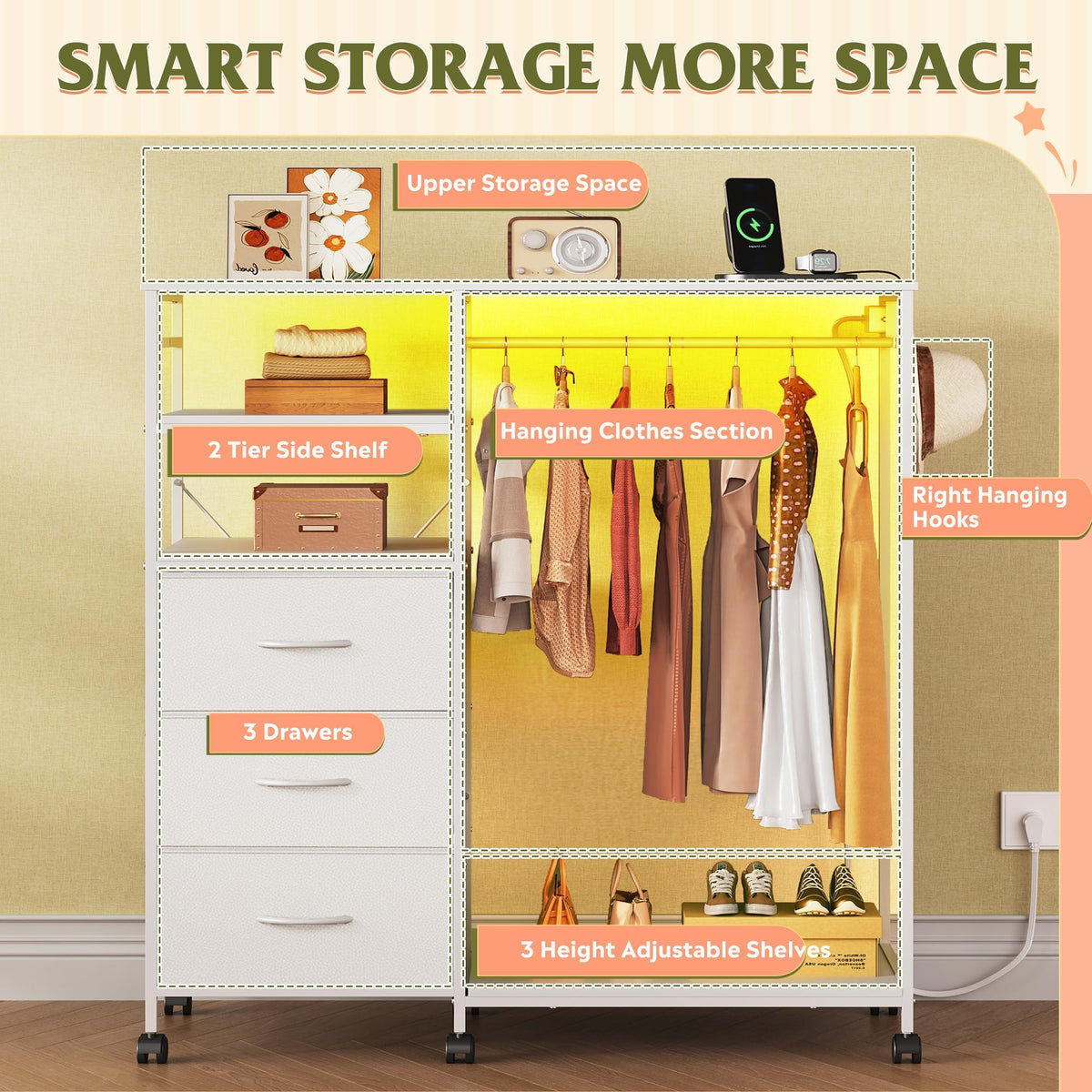 White 3 Drawer Dresser with Hanging Rack M671750
