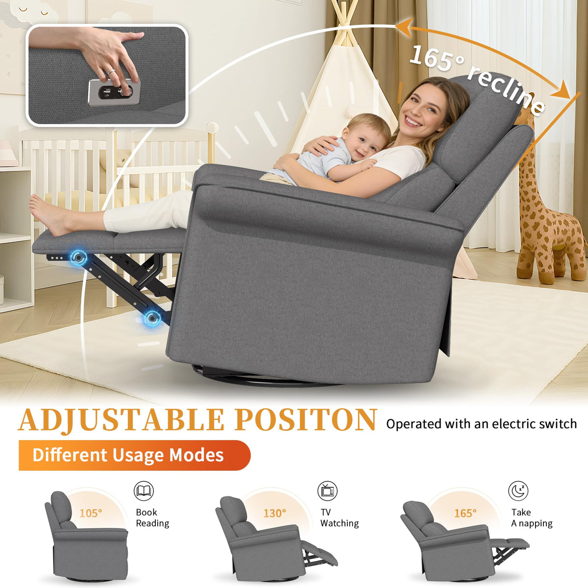 Power Swivel Rocker Recliner Chair Velvet V738
