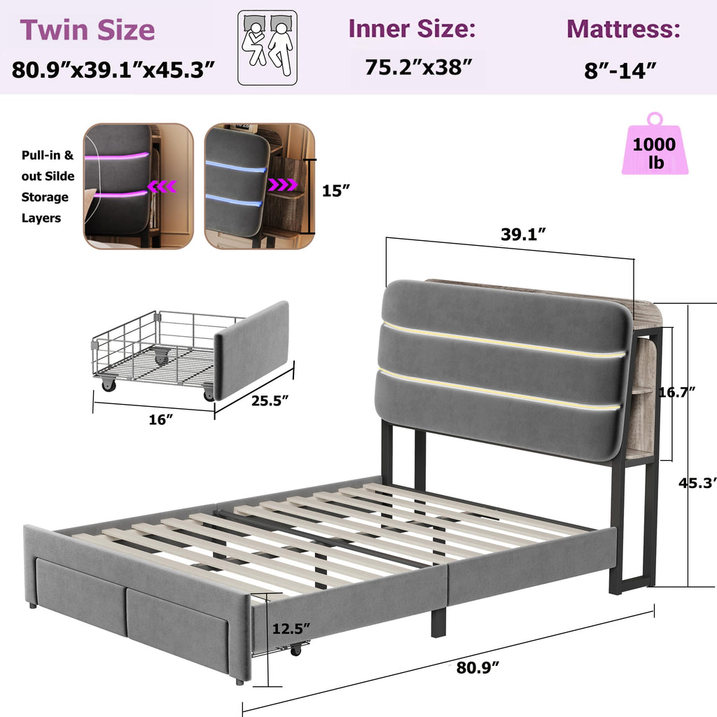 Twin Size Bed Frame with Drawer and Storage Headboard H9146