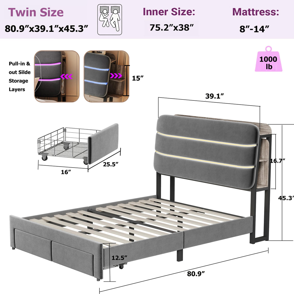 Twin Size Bed Frame with Drawer and Storage Headboard H9146