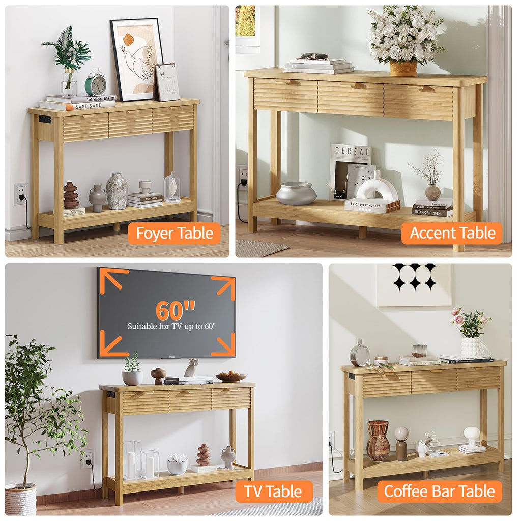 47.2" Narrow Console Table with 3 Drawers & Charging Station, Oak Y755