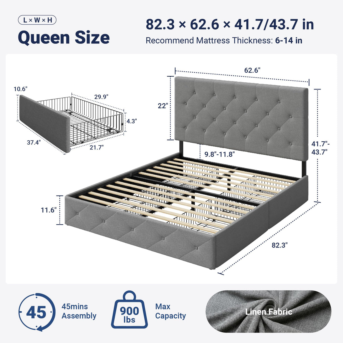 Queen Size Light Grey Upholstered Storage Bed Frame with 4 Drawers Y4150