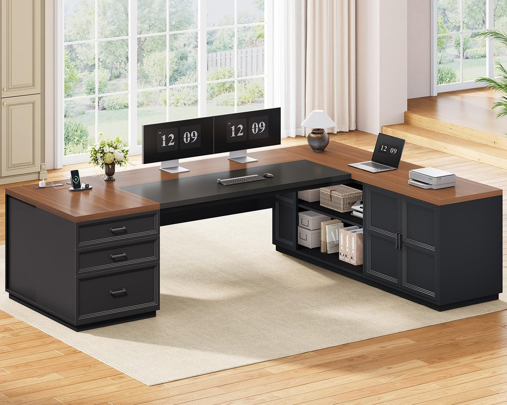 78.7" L Shaped Executive Desk with Charging Station, File Drawers & Storage Cabinet, Black + Brown H644777