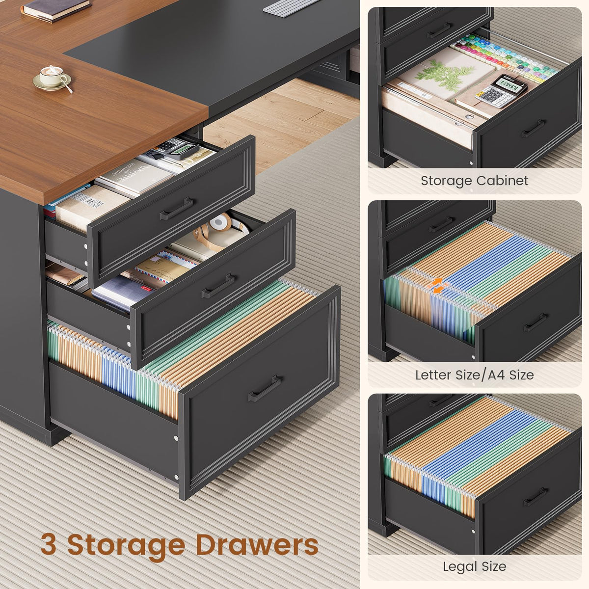 78.7" L Shaped Executive Desk with Charging Station, File Drawers & Storage Cabinet, Black + Brown H644777