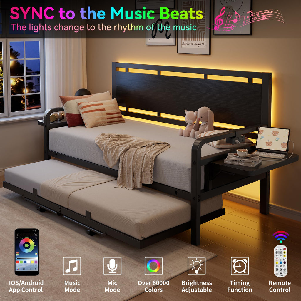 Black Metal Daybed with Trundle and LED Light S662