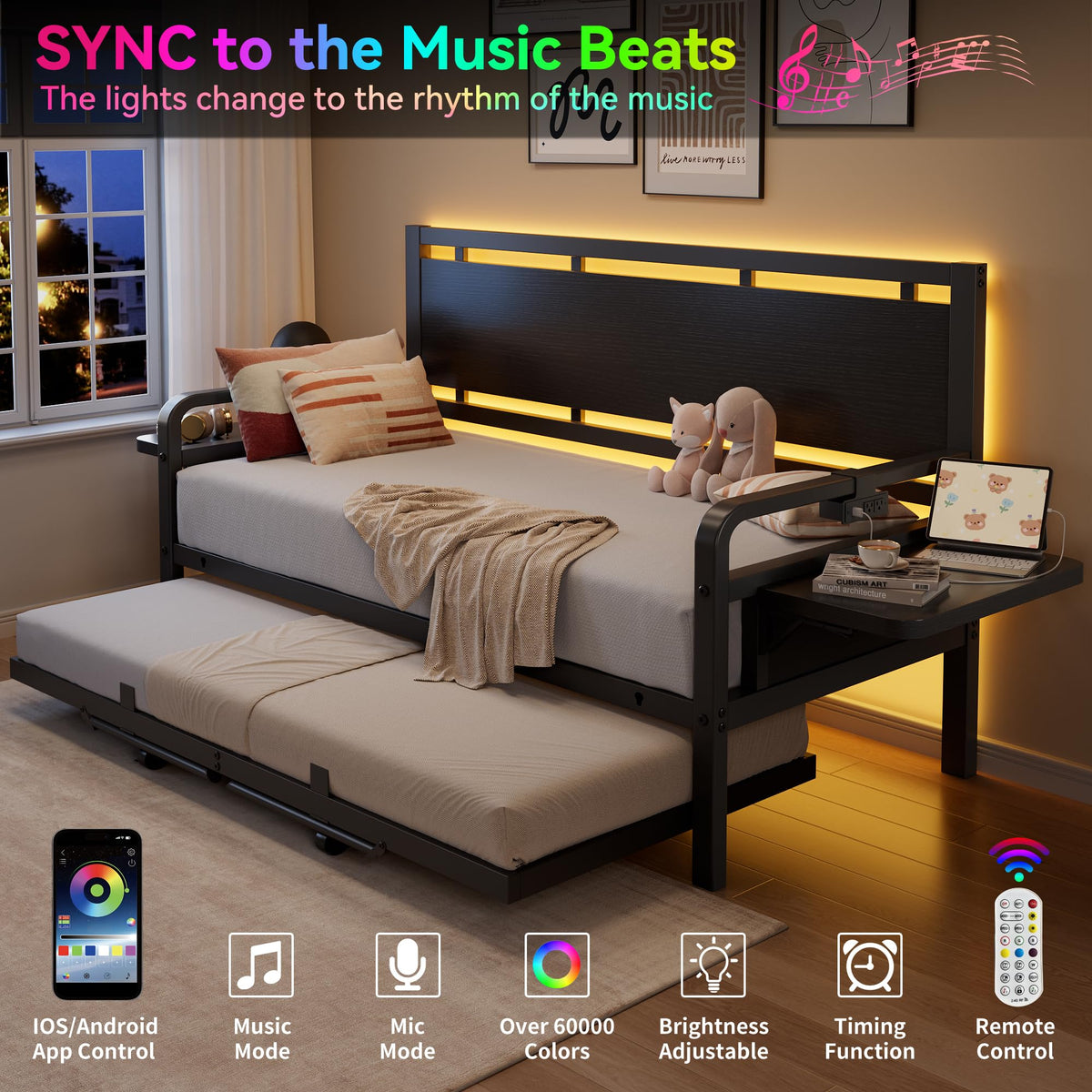 Black Metal Daybed with Trundle and LED Light S662