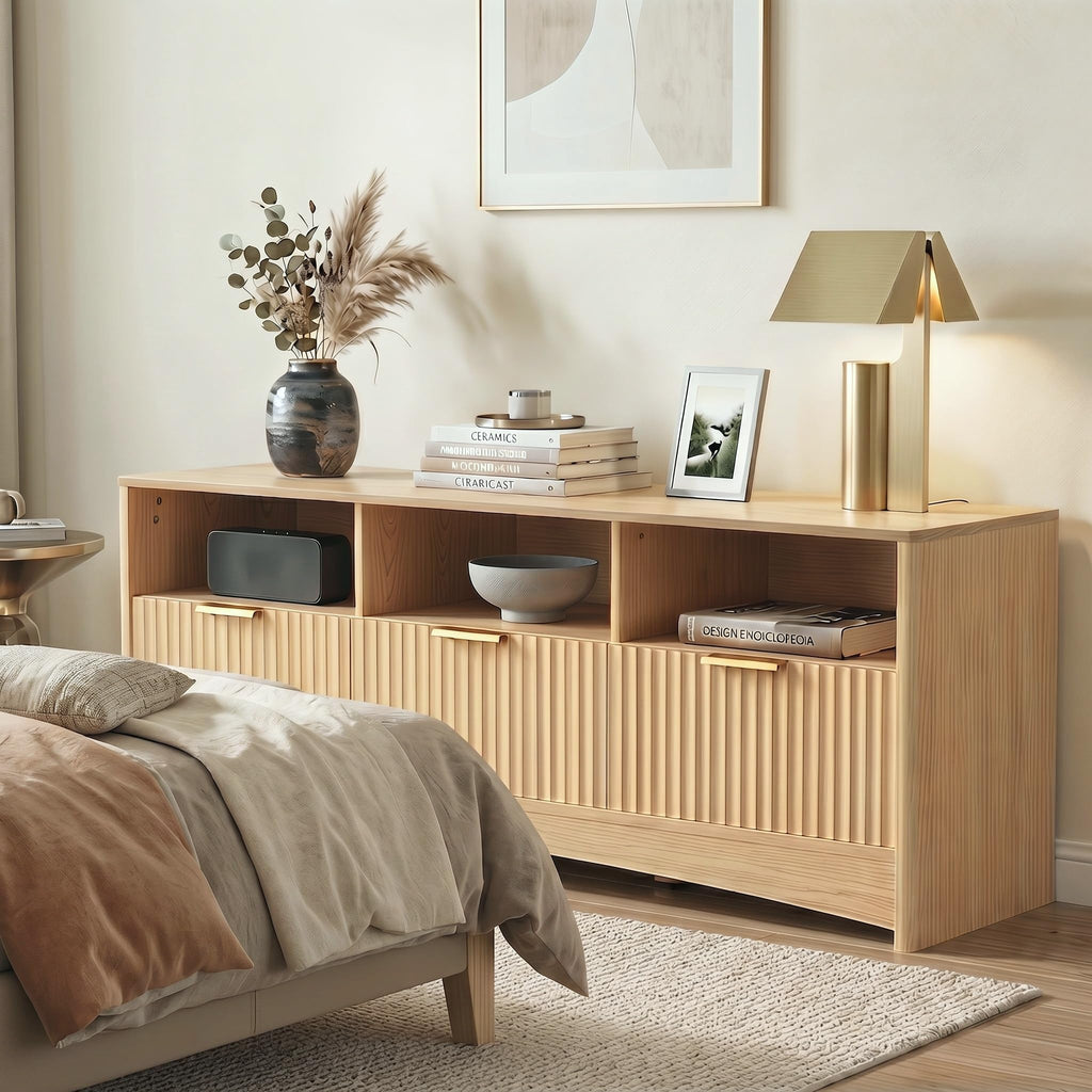 59″ Wide 3 Drawer TV Stand with Open Shelves, Natural Oak M96502