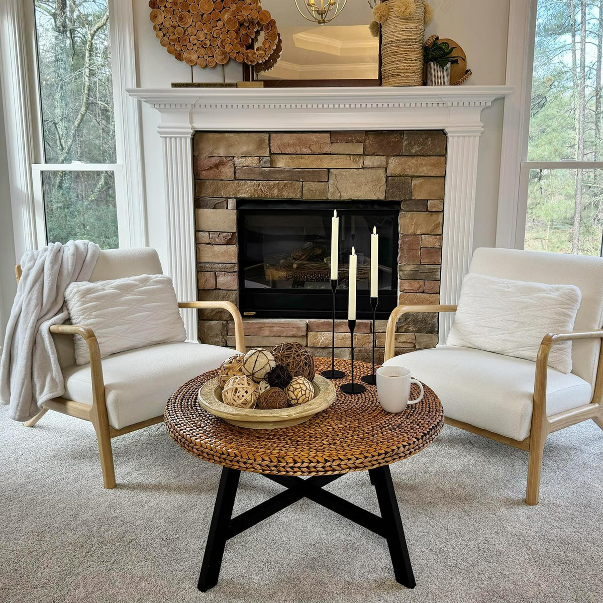 32 Inch Round Handwoven Seagrass Coffee Table with Pine Wood X Base N85435