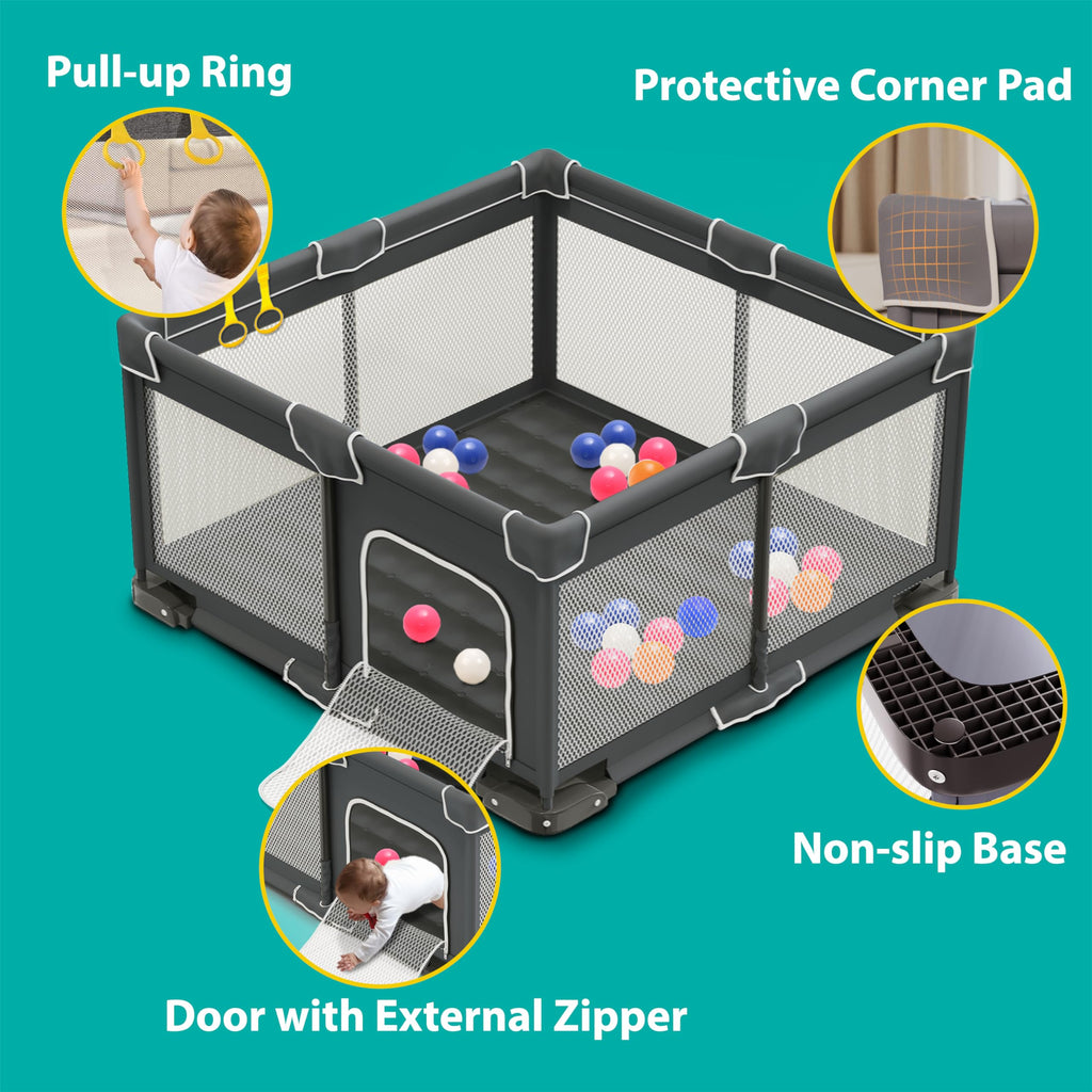 Foldable Playpen for Babies and Toddlers, 50x50 Inches Dark Gray Y294716