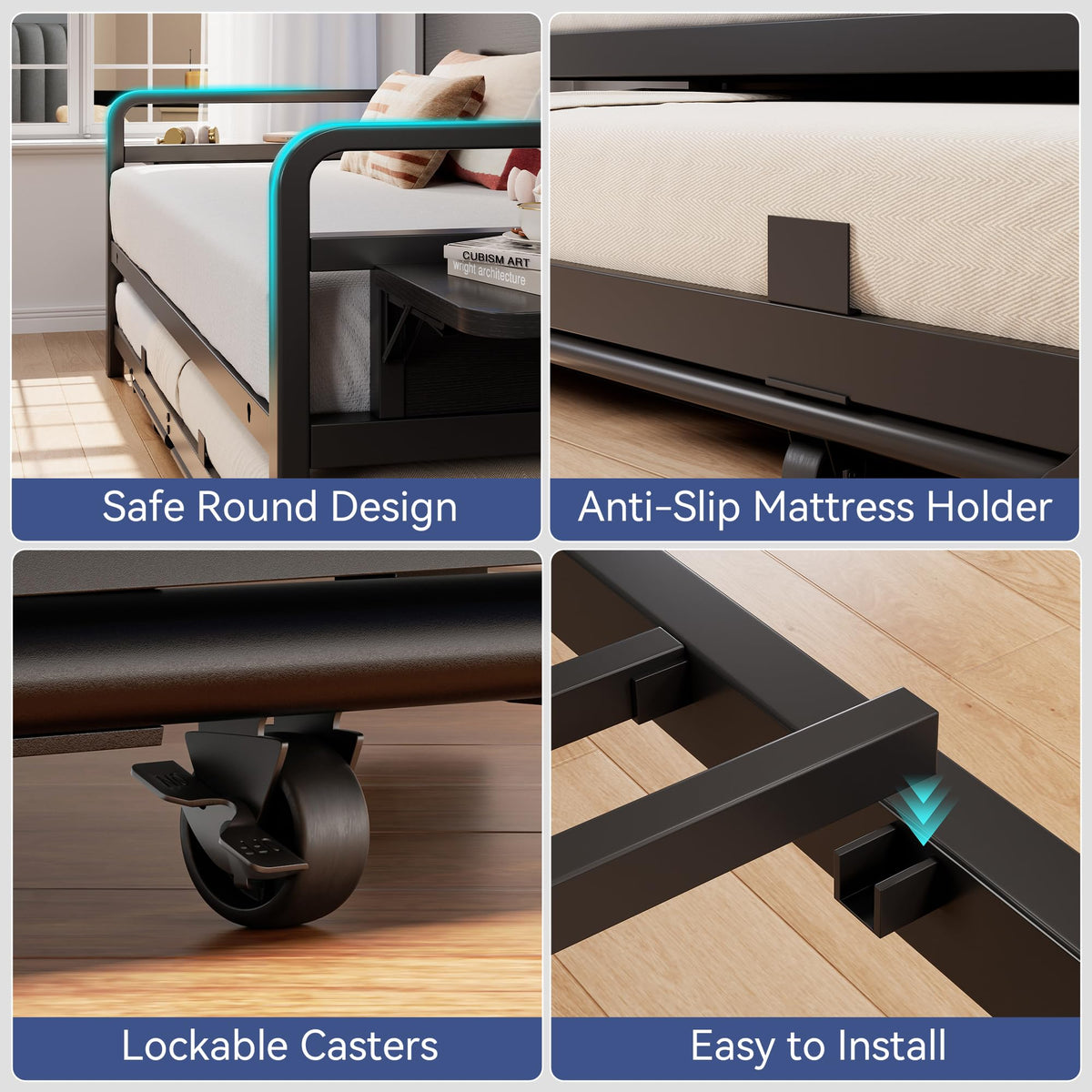 Black Metal Daybed with Trundle and LED Light S662