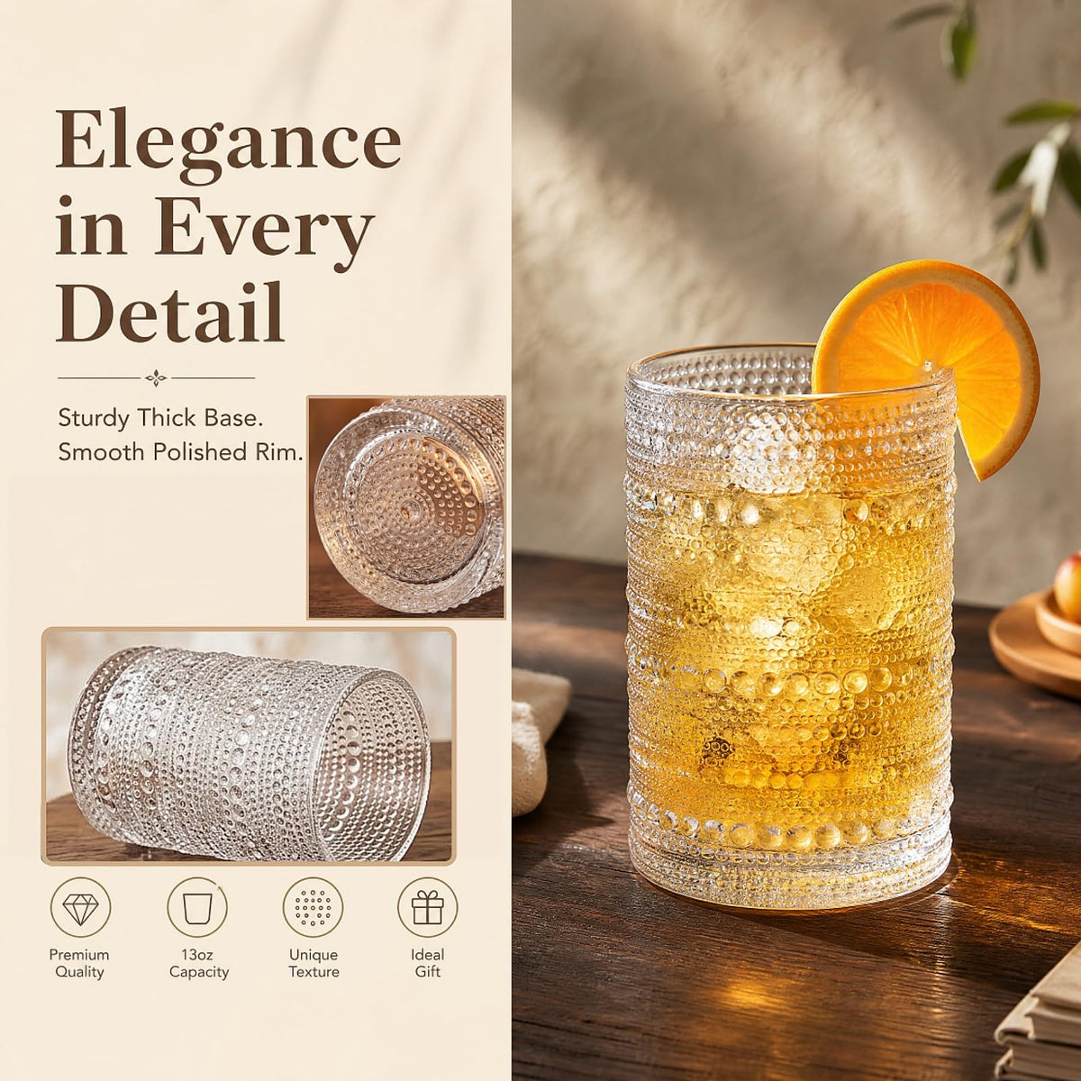 Set of 6 Vintage Hobnail Drinking Glasses, 13 oz Clear Embossed Glassware K587950