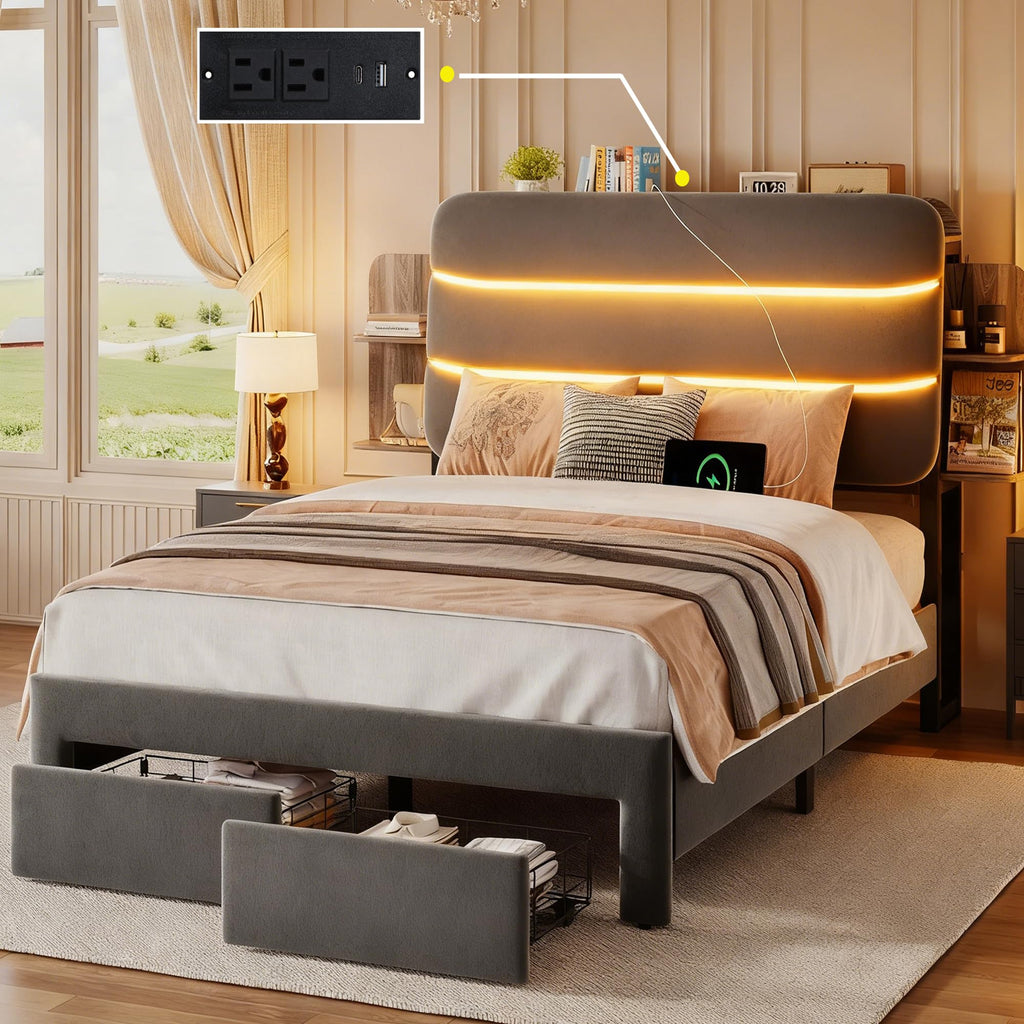 Twin Size Bed Frame with Drawer and Storage Headboard H9146