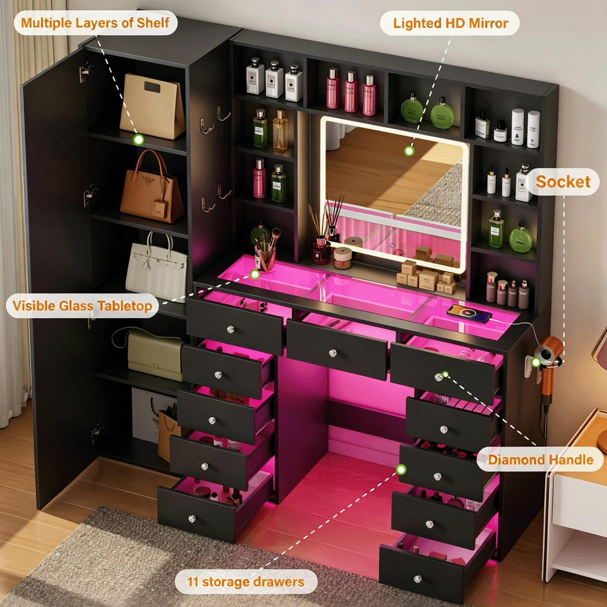 Full Length Mirror Vanity Desk with LED Mirror and 11 Drawers B379