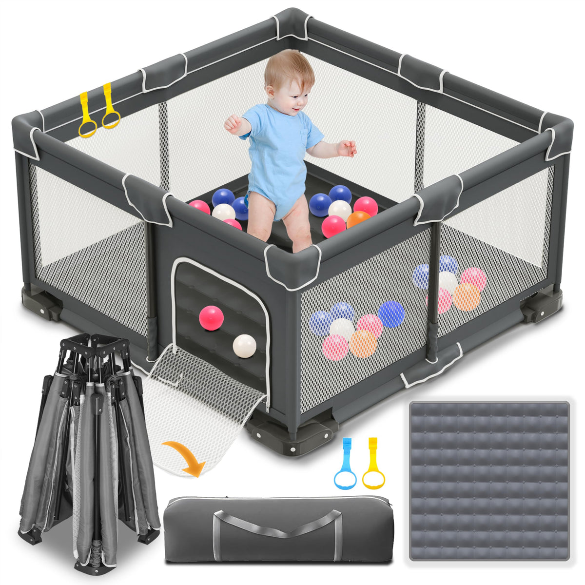 Foldable Playpen for Babies and Toddlers, 50x50 Inches Dark Gray Y294716
