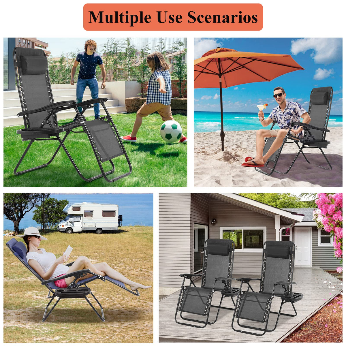 Zero Gravity Chair with Pillow and Cup Holder Trays, Black O55344