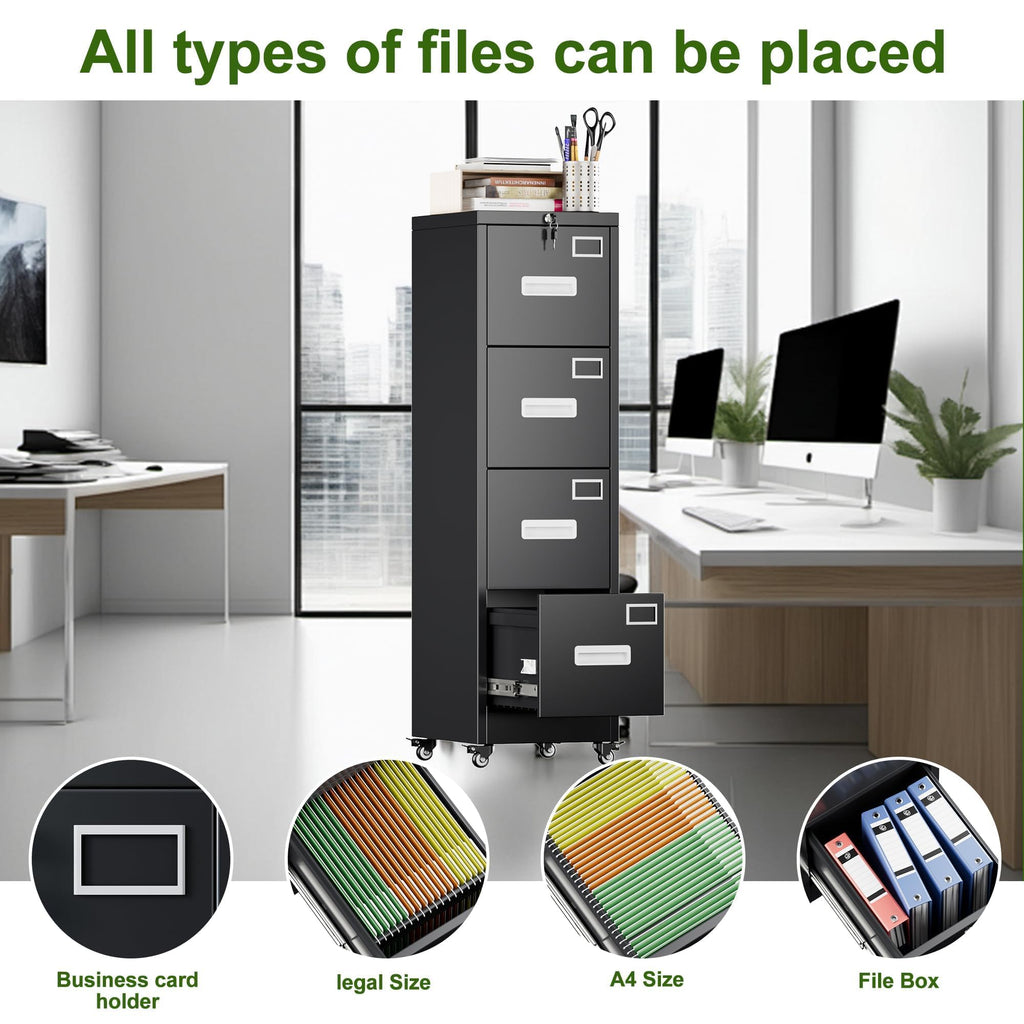 4 Drawer Black Metal File Cabinet with Lock and Wheels U798750