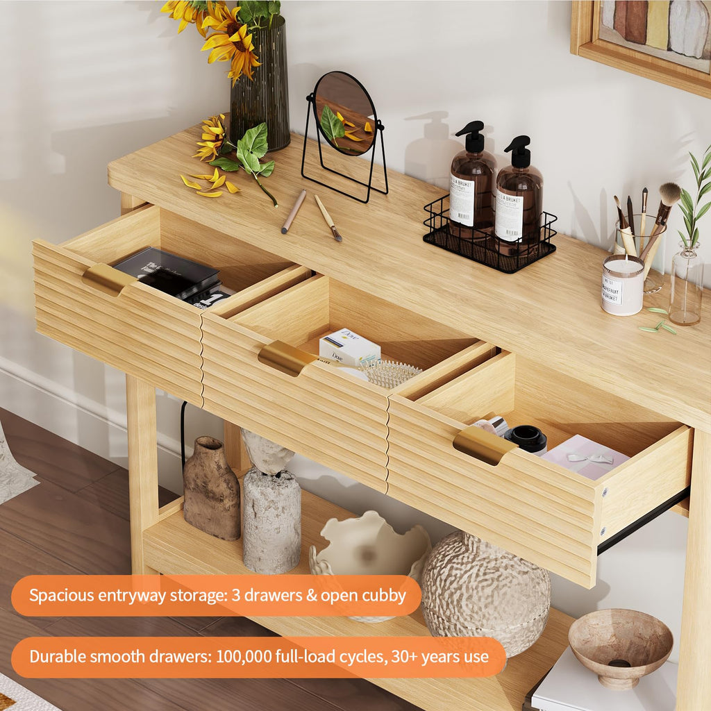 47.2" Narrow Console Table with 3 Drawers & Charging Station, Oak Y755
