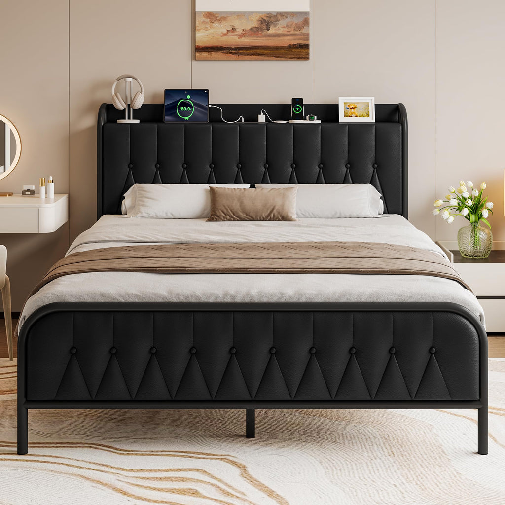 Black Full Size Platform Bed Frame with Faux Leather Upholstered Storage Headboard S8699